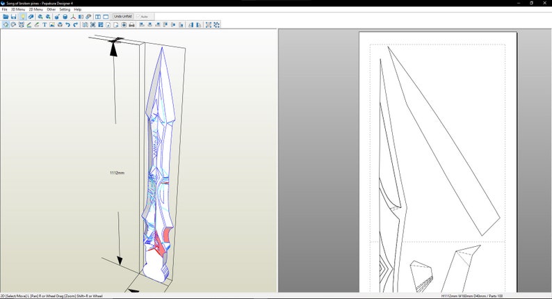 May include: A 3D model of a sword with a blue and white design. The sword is 112 cm long and is shown in a 3D modeling program. The sword is also shown in a 2D blueprint.