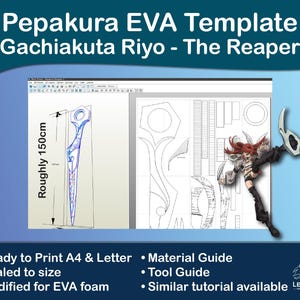 Pode incluir: Um modelo digital para uma foice de cosplay, chamada "The Reaper", projetada para espuma EVA. O modelo inclui uma referência de tamanho de aproximadamente 150 cm. O texto inclui "Ready to Print A4 & Letter" e "Scaled to size".