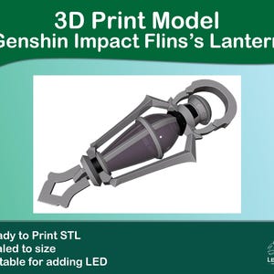 以下が含まれることがあります： Genshin Impact Flinsのランタンの3Dプリントモデル。ランタンはグレーで、中央が紫で、3Dプリント用に設計されています。画像には「Ready to Print STL」、「Scaled to size」、「Suitable for adding LED」というテキストが含まれています。