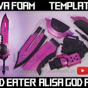 May include: A pink and black God Eater Alisa God Arc prop made from EVA foam. The prop is made up of several pieces, including a sword, a shield, and a gun. The prop is designed to look like the weapon from the God Eater video game series.