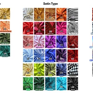 May include: A fabric color chart organized into three categories: Velvet Type, Satin Type, and Special. It displays 54 numbered swatches with labels like white, black, gold, red, stripes, and diamonds, showcasing various textures and patterns.