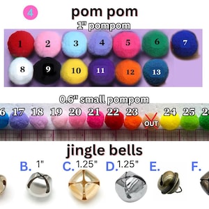 May include: A collection of craft supplies including colorful pom-poms in 1-inch and 0.6-inch sizes, and various jingle bells. The pom-poms are in a variety of colors, and the jingle bells come in different metallic finishes.