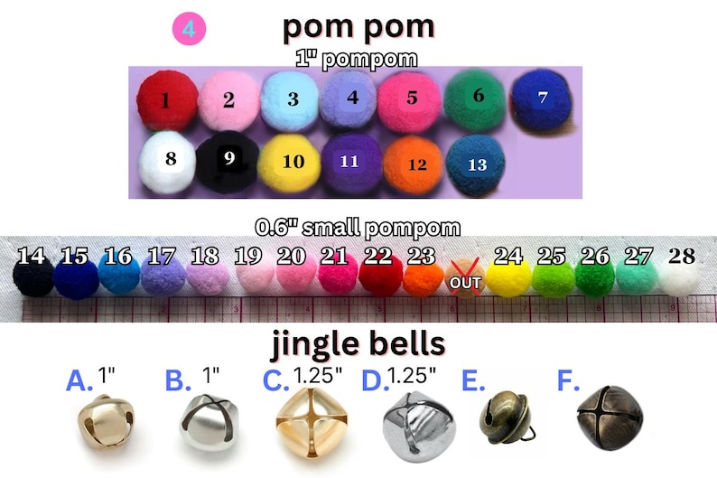 May include: A collection of craft supplies including colorful pom-poms in 1-inch and 0.6-inch sizes, and various jingle bells. The pom-poms are in a variety of colors, and the jingle bells come in different metallic finishes.