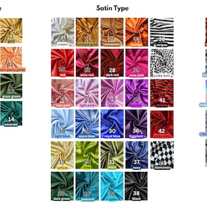 May include: A fabric swatch chart showcasing various velvet, satin, and special fabric types. The chart displays a range of colors, including white, black, red, blue, and gold, with patterns like stripes, polka dots, and diamonds. Each swatch is labeled with a number and color name.