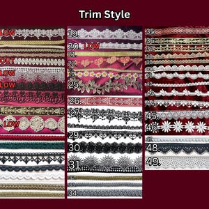 May include: A collection of forty-nine numbered trim styles displayed in three columns. The trims feature various lace patterns, embroidered floral designs, and metallic braids in white, black, gold, silver, red, green, and copper colors.