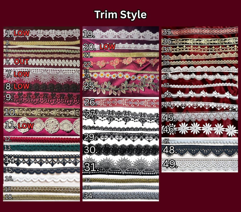 May include: A collection of forty-nine numbered trim styles displayed in three columns. The trims feature various lace patterns, embroidered floral designs, and metallic braids in white, black, gold, silver, red, green, and copper colors.