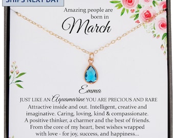 March Birthstone Necklace, Aquamarine Necklace Gold, March Birthday Gift for Women or Girls, Born in March , Personalized Gift for her