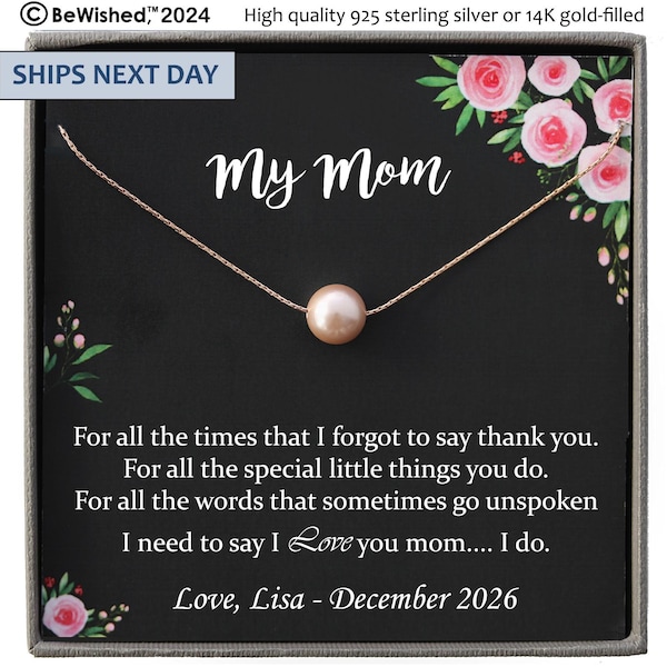 Mom Gift from Daughter or Son - Personalized Pearl Necklace with Meaningful Message • Mother's Day, Christmas, Birthday or Appreciation