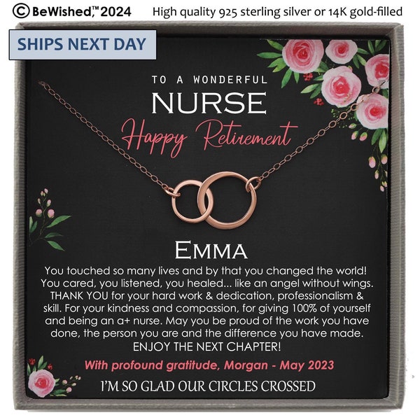 May include: A rose gold necklace with two interlocking circles, presented in a gift box. The card reads "TO A WONDERFUL NURSE Happy Retirement EMMA" with a personalized message and the text "ENJOY THE NEXT CHAPTER!" and "I'M SO GLAD OUR CIRCLES CROSSED."