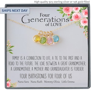 May include: A gold necklace with four birthstone charms in a box. The box has the text "Four Generations of Love" and "FAMILY IS A CONNECTION TO LIFE, A TIE TO THE PAST AND A ROAD TO THE FUTURE. THE LOVE BETWEEN A GREAT GRANDMOTHER, A GRANDMOTHER, A MOTHER AND GRANDDAUGHTER IS FOREVER FOUR BIRTHSTONES FOR FOUR OF US Nana Sara Nana Ruth Mommy Olivia Little Emma".