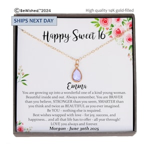 May include: A gold-filled chain necklace with a single teardrop-shaped light purple pendant, presented in a gift box. The card features floral accents and the text: Happy Sweet 16, Emma, and a personalized message ending with Morgan - June 30th 2025.