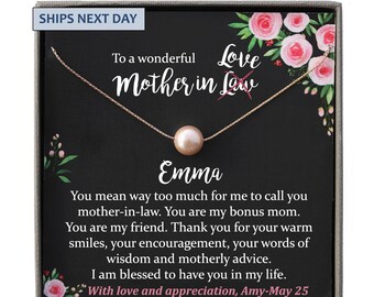Mother-in-Law Gift – Personalized Pearl Necklace with Sentimental Message for Wedding, Christmas, Birthday, Mothers Day or Holidays