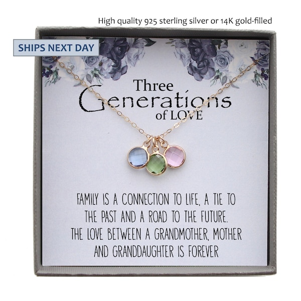 Generations Necklace for Grandma, mom, and granddaughter, Birthstone Necklace