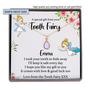 Tooth Fairy Gift Necklace Gold for Girls 5-7 with Card from Tooth Fairy - Add to Gifts Box or Kit for Under Pillow