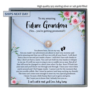 May include: A gold-filled necklace with a single pearl pendant, presented in a gift box. The card inside reads "To my amazing Future Grandma" with a loving message about the upcoming arrival. The box is decorated with floral accents.
