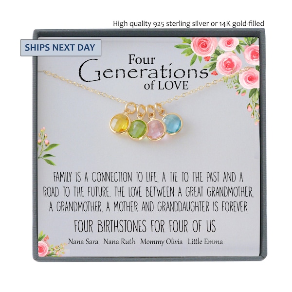 4 Generations Necklace for Great Grandma, Grandma, Mom, and Granddaughter, Birthstone Necklace,