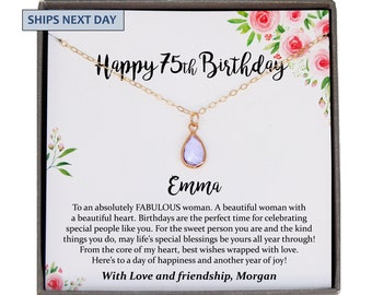 Regalo de 75 cumpleaños para mujeres: collar personalizado con piedra de nacimiento para mamá, amiga, esposa, hermana, abuela o tía.