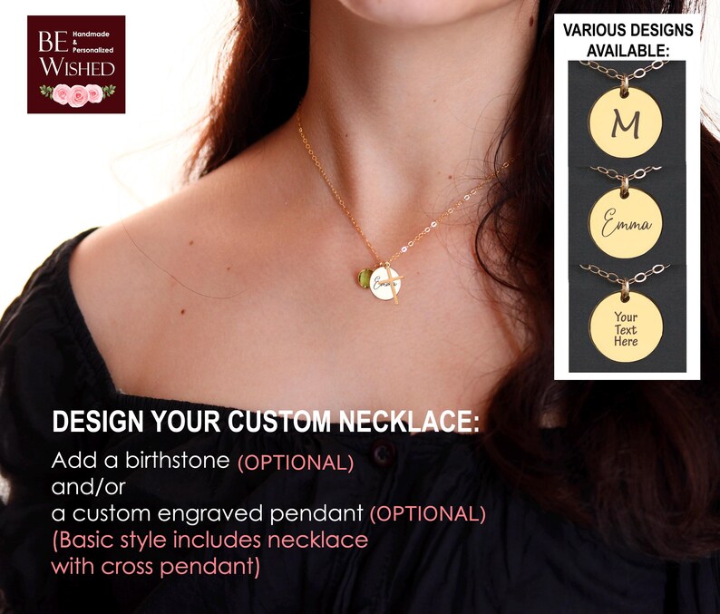 May include: A gold-toned chain necklace featuring a small cross pendant and a circular disc charm engraved with the name Emma, accompanied by a green birthstone charm. The image includes text options for custom engraving and various design styles.