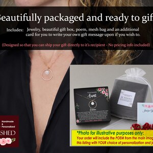 May include: A gift box set for an aunt, featuring a delicate gold necklace with a pearl pendant, a poem card, a mesh bag, and a small card for a personalized message. The box is black with a floral design and the text "To my beautiful Aunt".