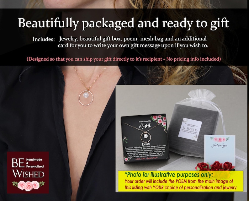 May include: A gift box set for an aunt, featuring a delicate gold necklace with a pearl pendant, a poem card, a mesh bag, and a small card for a personalized message. The box is black with a floral design and the text "To my beautiful Aunt".