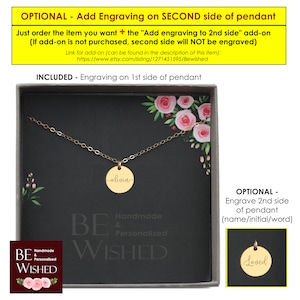 May include: A gold-toned circular pendant necklace featuring the name olivia engraved on the front, presented in a dark gray gift box with floral accents and the text BE WISHED Handmade & Personalized, with an optional second side engraving of loved.
