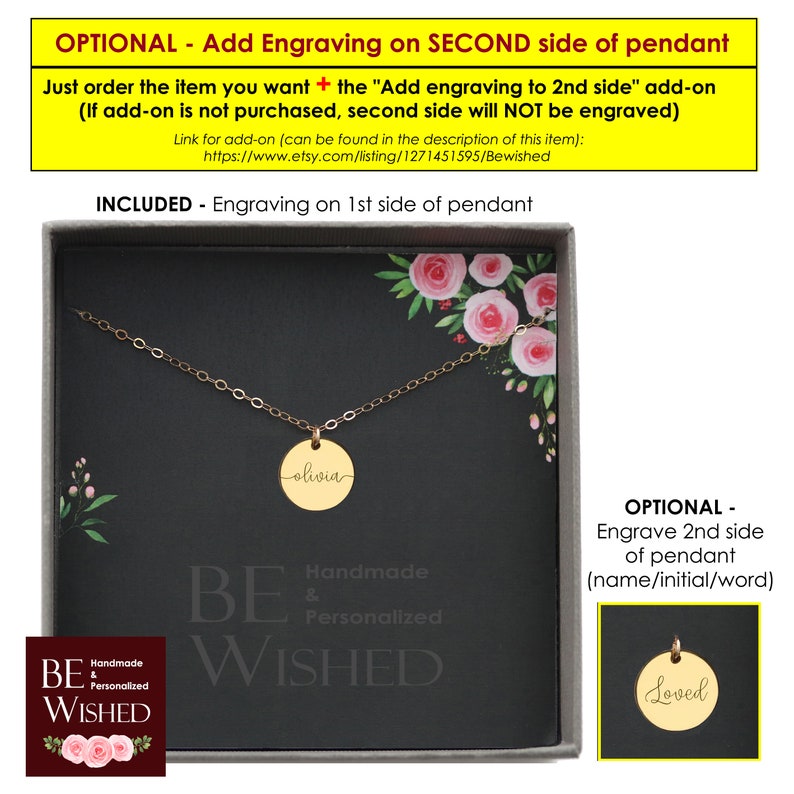 May include: A gold-toned circular pendant necklace featuring the name olivia engraved on the front, presented in a dark gray gift box with floral accents and the text BE WISHED Handmade & Personalized, with an optional second side engraving of loved.