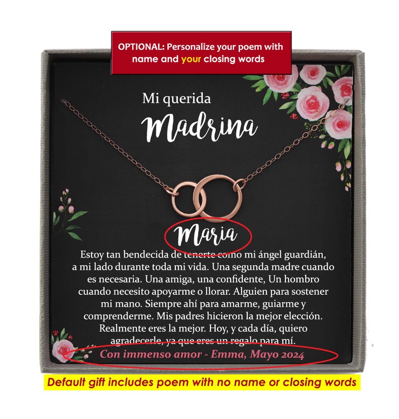 Puede incluir: Un collar de oro rosa con dos c&iacute;rculos entrelazados en una caja de regalo gris. La tarjeta presenta ilustraciones florales rosas y texto en espa&ntilde;ol que incluye Mi querida Madrina, Maria y un poema que termina con Con immenso amor - Emma, Mayo 2024.