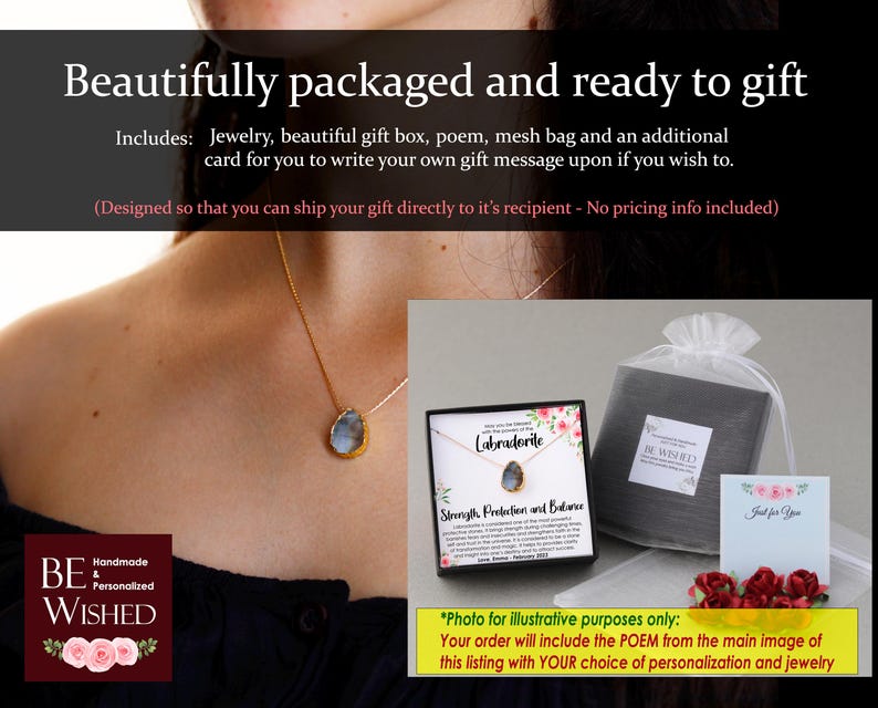 May include: A gift box containing a labradorite necklace. The box features a floral design and the words "Labradorite", "Strength, Protection and Balance", and "Be Wished". The necklace is on a gold chain and has a blue-grey labradorite stone pendant.
