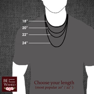 May include: A diagram showing four black chain necklaces of varying lengths on a torso silhouette. The lengths are labeled 18 inches, 20 inches, 22 inches, and 24 inches. The text reads BE WISHED Handmade & Personalized and Choose your length (most popular 20 / 22).