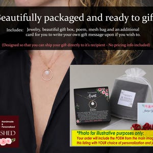 May include: A gift box set for an aunt, featuring a delicate gold necklace with a pearl pendant, a poem card, a mesh bag, and a small card for a personalized message. The box is black with a floral design and the text "To my beautiful Aunt".