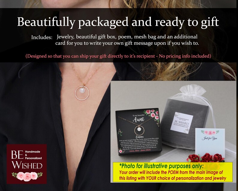 May include: A gift box set for an aunt, featuring a delicate gold necklace with a pearl pendant, a poem card, a mesh bag, and a small card for a personalized message. The box is black with a floral design and the text "To my beautiful Aunt".