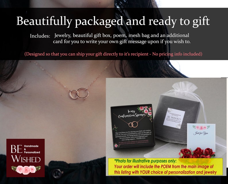 Puede incluir: Un collar de oro rosa con dos colgantes circulares entrelazados en una cadena fina. El conjunto incluye una caja de regalo negra con un poema impreso, una bolsa de malla blanca, una tarjeta con Just for You y rosas de tela roja.