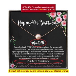 May include: A black card with a gold necklace and a pearl pendant. The card says "Happy 40th Birthday" and includes a personalized message with the name "Michelle" and the closing words "With Love, from Emma".
