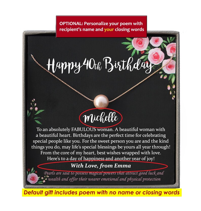 May include: A black card with a gold necklace and a pearl pendant. The card says "Happy 40th Birthday" and includes a personalized message with the name "Michelle" and the closing words "With Love, from Emma".