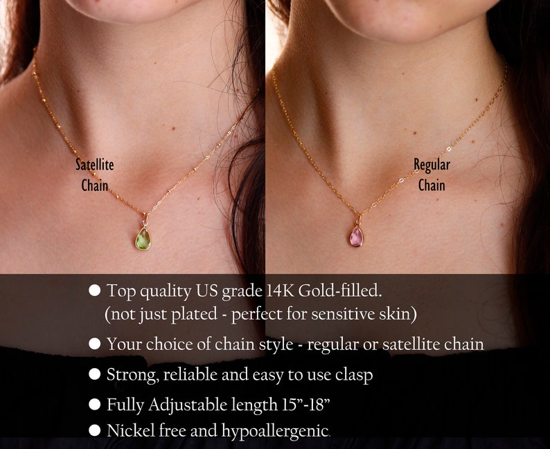Puede incluir: Se muestran dos collares dorados con colgantes en forma de l&aacute;grima. Uno tiene un colgante verde en una cadena sat&eacute;lite, el otro un colgante rosa en una cadena normal. El texto dice: "Calidad superior US 14K Gold-filled. Longitud totalmente ajustable 38-46cm."