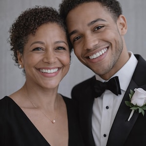 May include: A smiling woman and man pose for a portrait. The woman wears a black dress and a gold necklace with a pink pearl pendant. The man wears a black tuxedo with a bow tie and a white rose boutonniere. The background is a light gray.