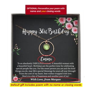 May include: A gold-toned necklace with a circular pendant featuring a light green gemstone, presented in a gray gift box. The card inside reads Happy 30th Birthday, Emma, and includes a poem with the closing text With Love, from Morgan.