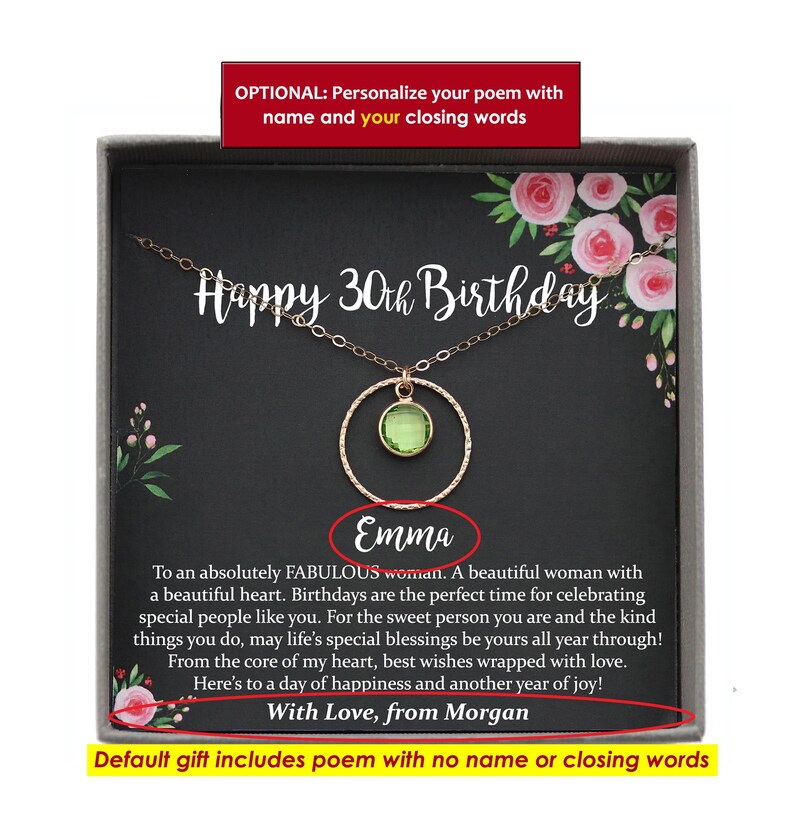 May include: A gold-toned necklace with a circular pendant featuring a light green gemstone, presented in a gray gift box. The card inside reads Happy 30th Birthday, Emma, and includes a poem with the closing text With Love, from Morgan.
