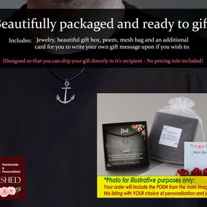 May include: A gift set for a father, featuring a silver anchor necklace, a poem, a gift box, a mesh bag, and a card. The poem reads "Dad, I will always cherish the special moments we have shared. You have taught me so much and I will always appreciate your guidance and love. I need to say this, you are my dad for life."