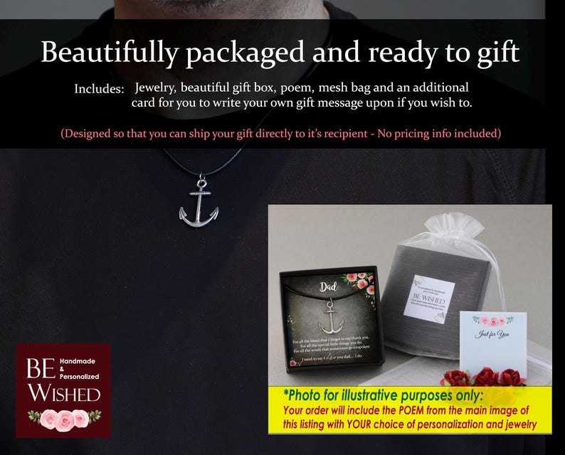 May include: A gift set for a father, featuring a silver anchor necklace, a poem, a gift box, a mesh bag, and a card. The poem reads "Dad, I will always cherish the special moments we have shared. You have taught me so much and I will always appreciate your guidance and love. I need to say this, you are my dad for life."
