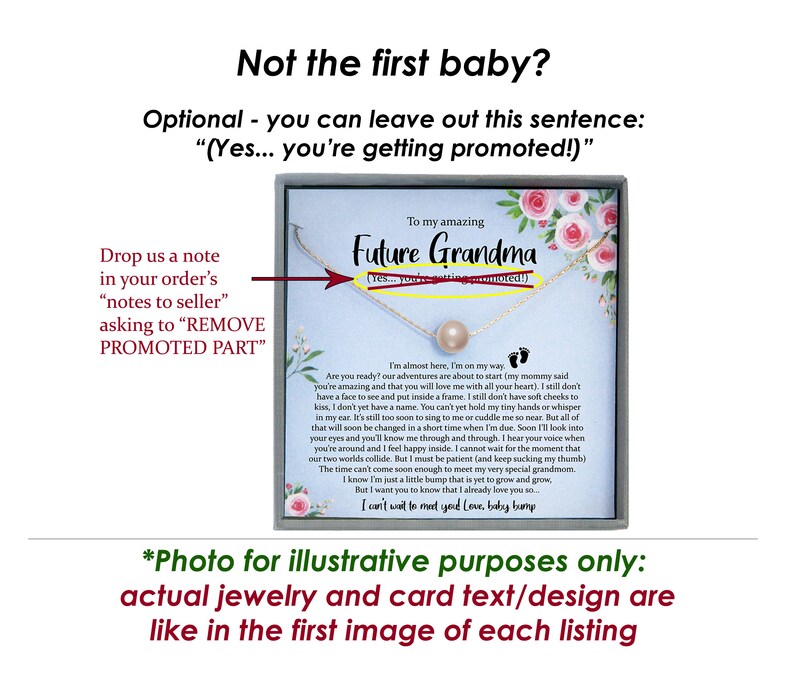 May include: A gold-colored necklace with a pearl pendant, presented in a gift box with a card. The card reads "To my amazing Future Grandma" with a message about a baby's arrival. The image includes text about removing a promotional sentence.