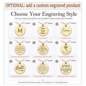 May include: A grid of nine gold-toned circular pendants on chains, each featuring different engraving styles labeled A through I. Text includes 'OPTIONAL: add a custom engraved pendant', 'Choose Your Engraving Style', and various names, quotes, and icons.