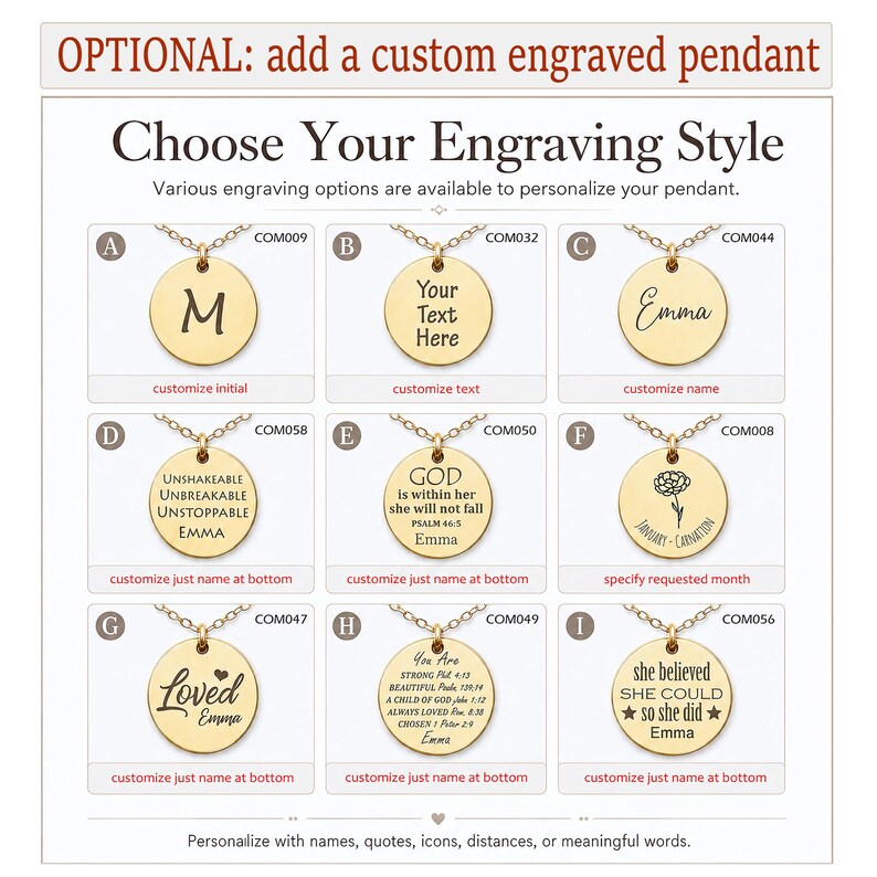 May include: A grid of nine gold-toned circular pendants on chains, each featuring different engraving styles labeled A through I. Text includes 'OPTIONAL: add a custom engraved pendant', 'Choose Your Engraving Style', and various names, quotes, and icons.