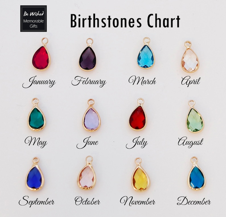 Puede incluir: Un gr&aacute;fico de piedras de nacimiento con los meses del a&ntilde;o. Cada mes est&aacute; representado por una piedra preciosa en forma de l&aacute;grima en un engaste dorado. Las piedras preciosas son de varios colores, incluyendo rojo, morado, azul y verde.