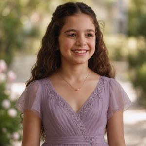 May include: A young person with long, wavy brown hair smiles, wearing a lavender dress with a V-neck and cap sleeves. The dress features embroidered detailing. A delicate gold necklace with a single pearl pendant is visible.