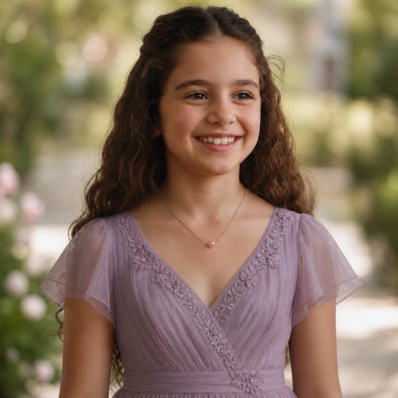 May include: A young person with long, wavy brown hair smiles, wearing a lavender dress with a V-neck and cap sleeves. The dress features embroidered detailing. A delicate gold necklace with a single pearl pendant is visible.