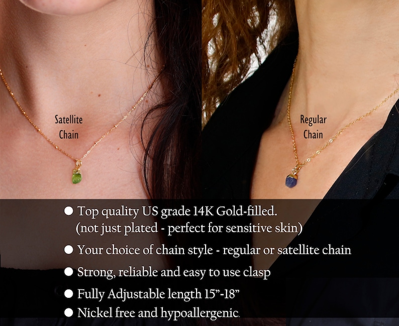 May include: Two gold-filled necklaces with different chain styles: satellite and regular. Both necklaces feature a small gemstone pendant. The necklaces are adjustable from 15 to 18 inches and are nickel-free and hypoallergenic.