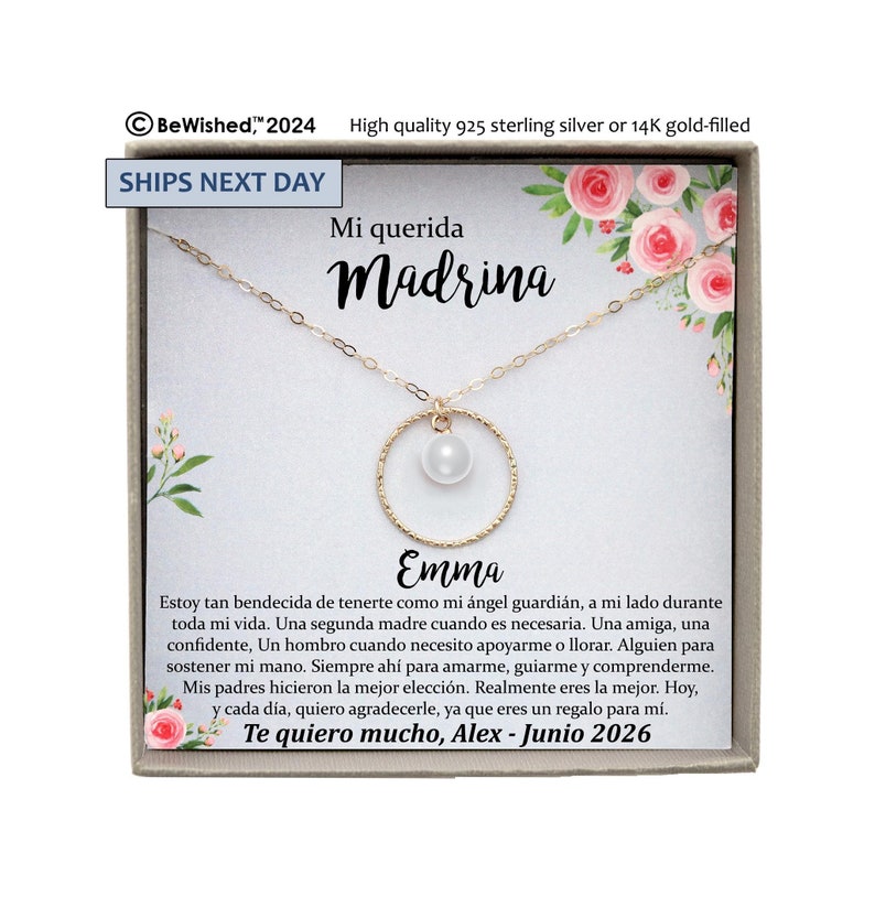 This personalized necklace makes a heartfelt madrina gift to celebrate your Spanish godmother. A timeless keepsake that honors the love and eternal bond you share, perfect for birthdays, weddings, Mother’s Day, or Christmas. Elegant and meaningful, it’s a gift she will treasure forever.