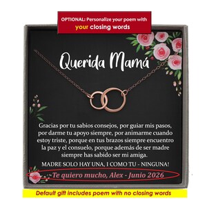 May include: A gift box with a rose gold necklace featuring two interlocking circles. The box has a poem inside that reads "Querida Mam&aacute;" and "Gracias por tu sabios consejos, por guiar mis pasos, por darme tu apoyo siempre, por animarme cuando estoy triste, porque en tus brazos siempre encuentro la paz y el consuelo, porque adem&aacute;s de ser madre siempre has sabido ser mi amiga. MADRE SOLO HAY UNA, I COMO TU - NINGUNA! Te quiero mucho, Alex - Junio 2026".