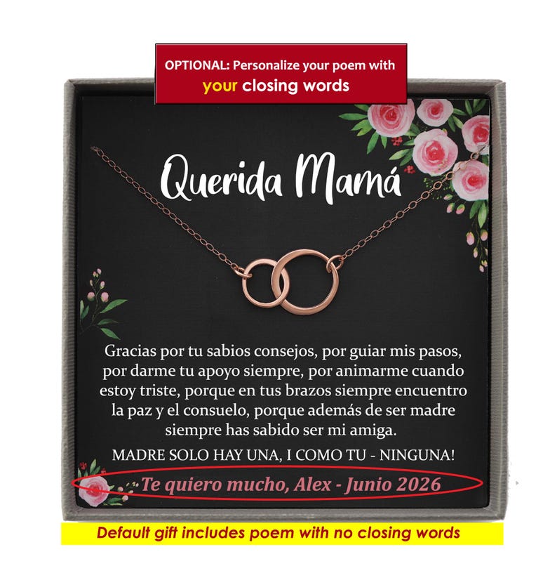 May include: A gift box with a rose gold necklace featuring two interlocking circles. The box has a poem inside that reads "Querida Mam&aacute;" and "Gracias por tu sabios consejos, por guiar mis pasos, por darme tu apoyo siempre, por animarme cuando estoy triste, porque en tus brazos siempre encuentro la paz y el consuelo, porque adem&aacute;s de ser madre siempre has sabido ser mi amiga. MADRE SOLO HAY UNA, I COMO TU - NINGUNA! Te quiero mucho, Alex - Junio 2026".